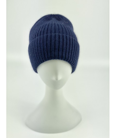 Blue men's winter hat with angora collar