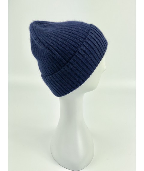 Blue men's winter hat with angora collar
