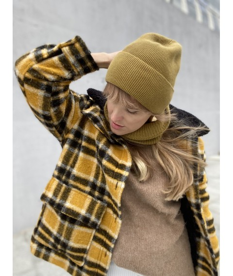 Olive women's hat with double folded angora winter hat