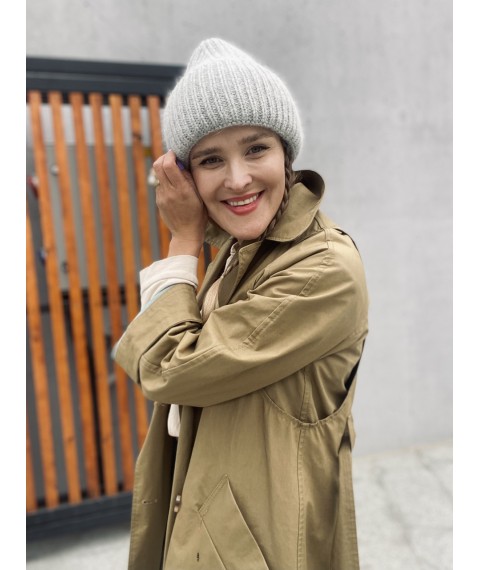 Fashionable women's hat, light gray from angora and merino