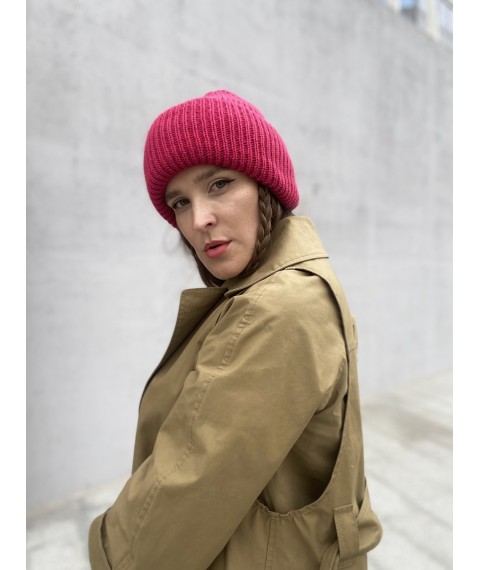 Women's winter knitted hat with double turn-up warm half-woolen crimson
