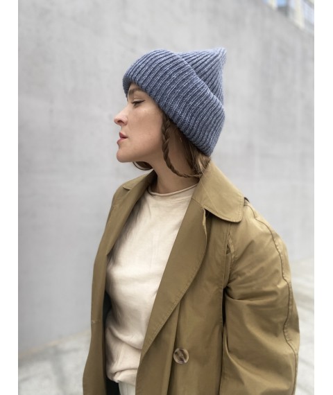 Women's winter knitted hat with double turn-up warm half-woolen blue jeans