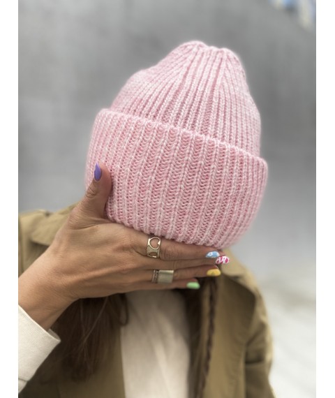 Women's winter knitted hat with double collar warm wool blend pink