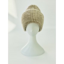 Women's winter knitted hat with double turn-up warm half-woolen light beige