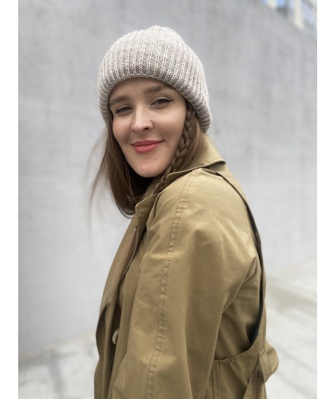 Women's winter knitted hat with double turn-up warm half-woolen light beige