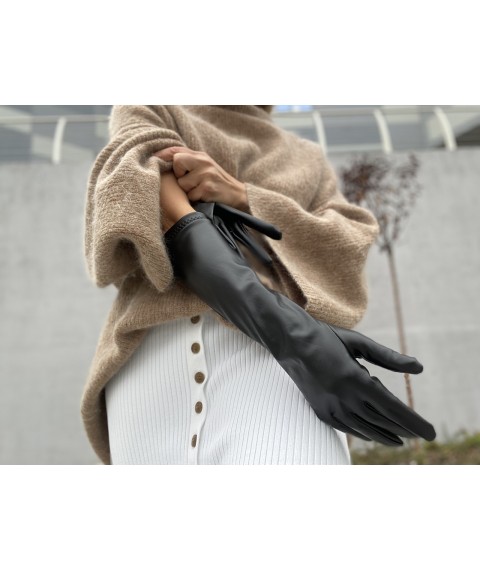 Women's long gloves made of eco-leather warm with black fur