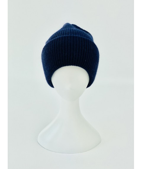 Синяя женская спортивная шапка с двойным подворотом из ангоры зимняя