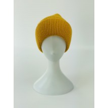 Yellow women's classic hat with a double turn-up from angora winter
