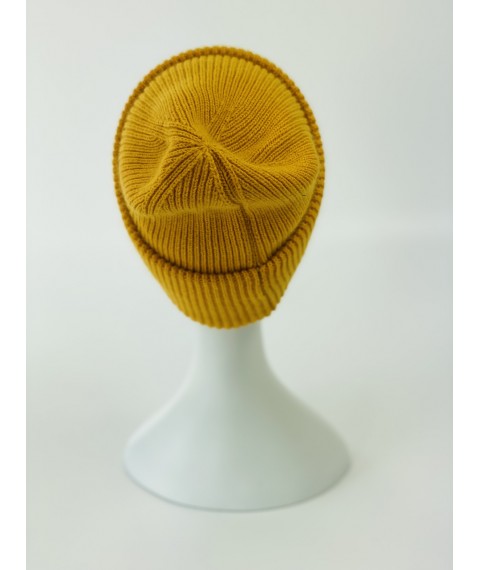 Yellow women's classic hat with a double turn-up from angora winter