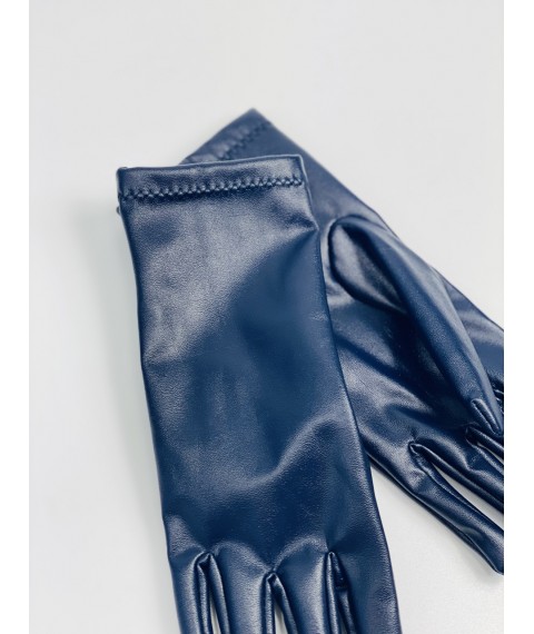 Blue gloves made of eco-leather for women with fleece-fur