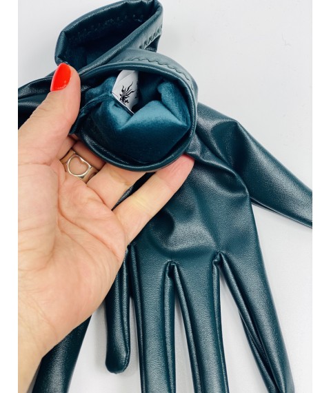 Green gloves made of eco-leather for women with fleece-fur