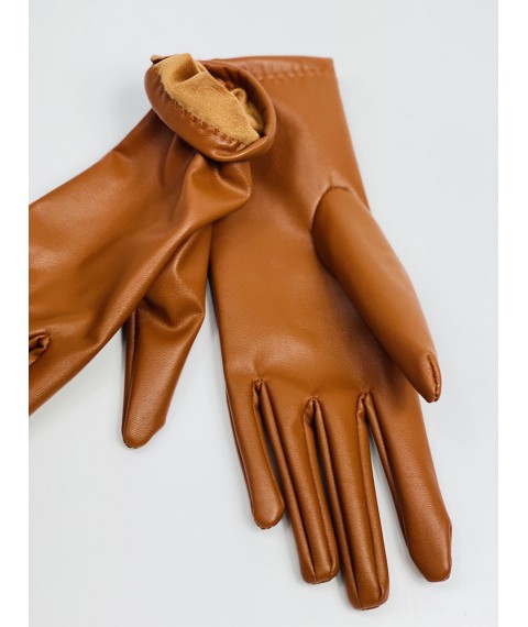 Red gloves made of eco-leather for women with fleece-fur
