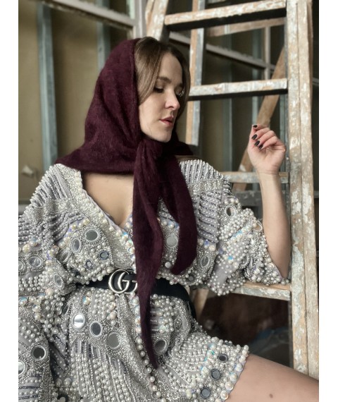 Косынка женская зимняя вязаная из ангоры бордовая BKSx6