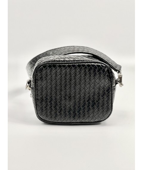 Black women's bag made of eco-leather of a rectangular shape with a wide long handle black wicker