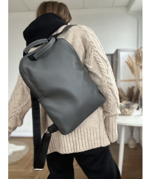 Rectangular women's backpack dark gray made of eco-leather M83x10