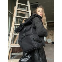 Рюкзак женский черный ролл-топ из оксфорда и экокожи RL1x2