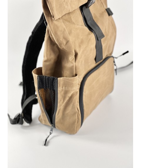Roll-top backpack for women brown khaki made of waterproof fabric and eco-leather RL1x4