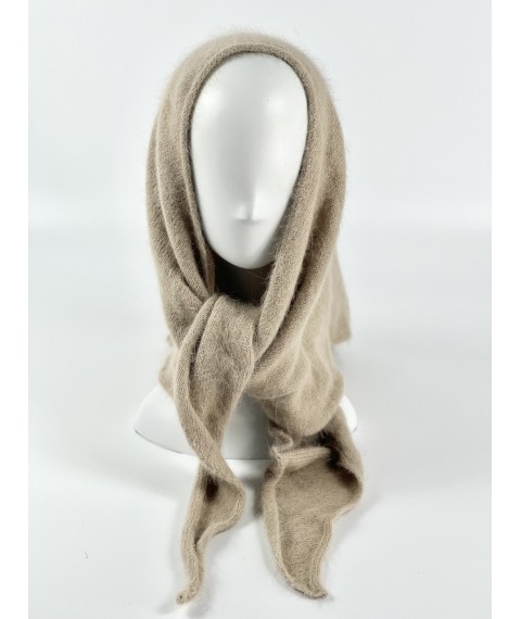 Темно-бежевая пуховая косынка-платок на голову из ангоры женская BKSx14