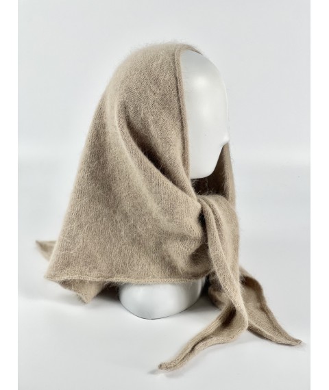 Темно-бежевая пуховая косынка-платок на голову из ангоры женская BKSx14