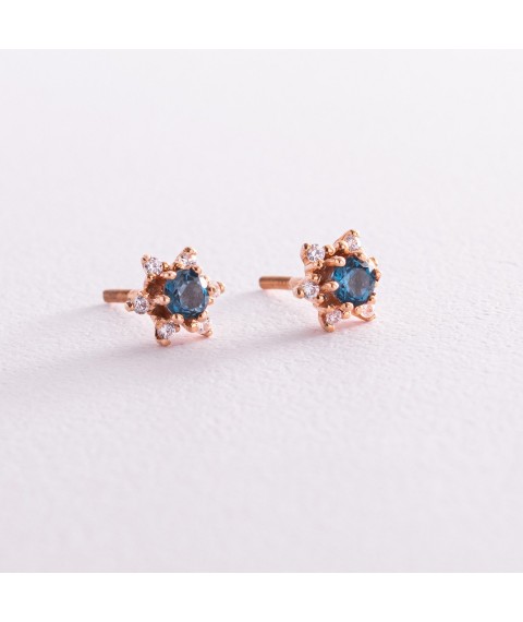 Gold earrings - studs with London Blue topaz and cubic zirconia s01933 Onyx