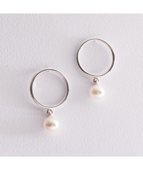 Срібні сережки - пусети "Кругообіг" з перлами 123174 Онікс