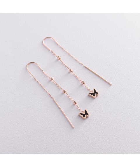 Gold earrings - broaches "Butterflies" (enamel) s07349 Onyx