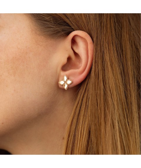 Gold earrings - studs "Clover" s08739 Onyx