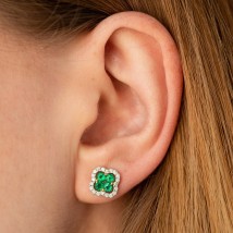 Gold earrings - studs "Clover" with emeralds and diamonds sb0520cha Onyx