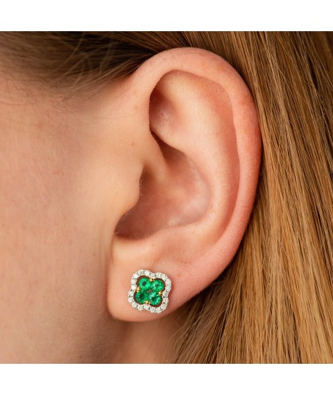 Gold earrings - studs "Clover" with emeralds and diamonds sb0520cha Onyx