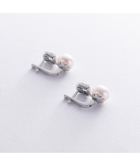 Silver earrings with pearls, synthetic. sapphires and cubic zirconia 2487/1р-PWTNS Onix