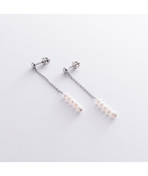 Срібні сережки - пусети з перлами на ланцюжку 2339/1р-PWT Онікс