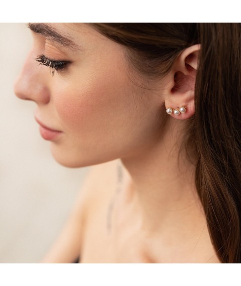 Earrings - studs "Jane" in yellow gold with pearls s08060 Onyx