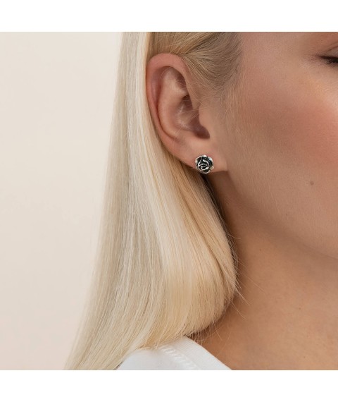 Silver earrings - studs "Roses" 121953 Onyx