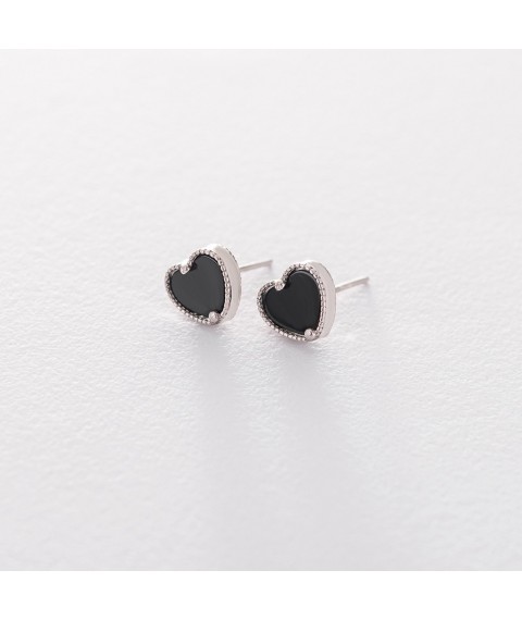 Silver earrings - studs "Hearts" with onyx 122483 Onyx