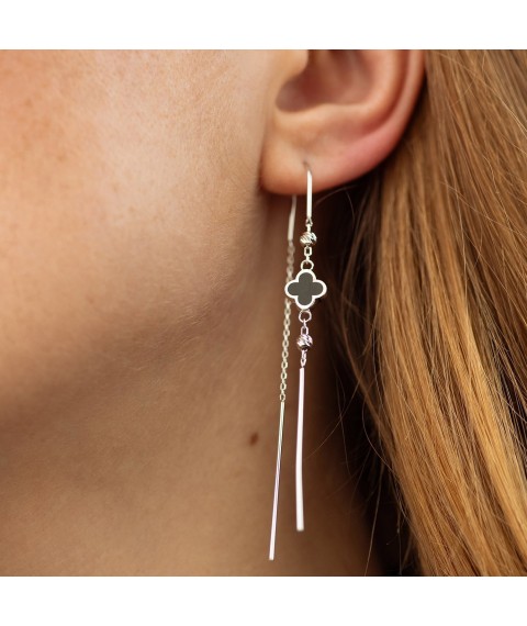 Gold earrings - broaches "Clover" (enamel) s08844 Onyx