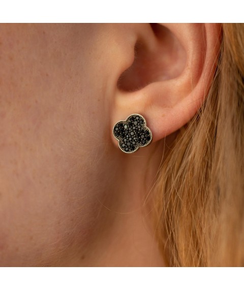 Silver earrings - studs "Clover" (black cubic zirconia) 544h Onyx