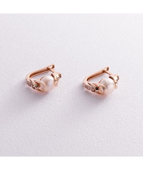 Gold earrings (cult. fresh pearls, cubic zirconia) s04994 Onyx