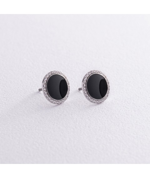 Gold earrings - studs with diamonds and enamel 333341421 Onyx