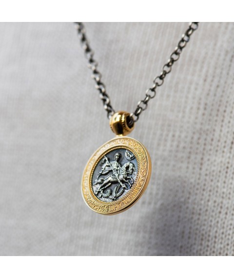 Silver pendant with gold plated "The Miracle of St. George on the Serpent" 131742 Onyx