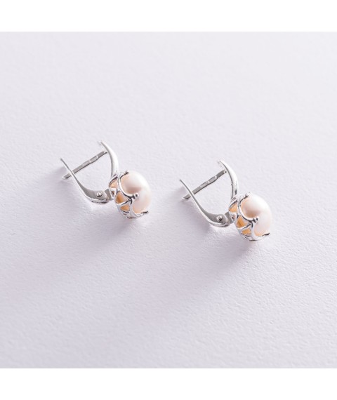 Silver earrings with cult. fresh pearls 121860 Onyx