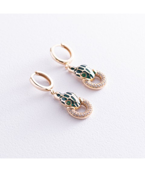 Gold earrings "Snakes" (enamel, cubic zirconia) s07017 Onyx