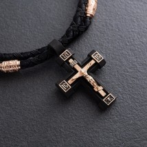 Мужской православный крест на шнуре из эбенового дерева и золота кол02134 Онікс  60
