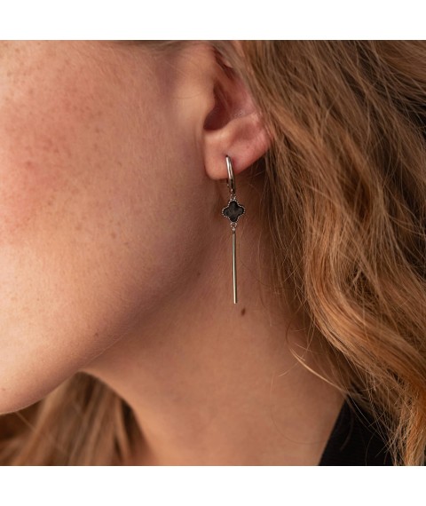 Silver earrings "Clover" with enamel 122804 Onyx