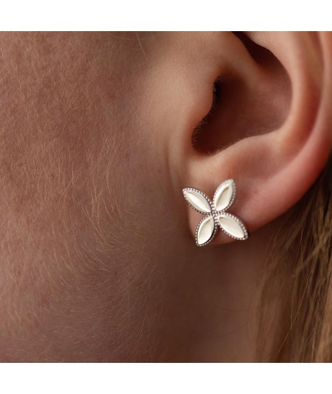Earrings - studs "Clover" in white gold s08481 Onyx
