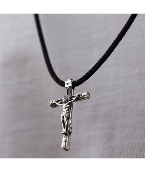 Православный серебряный крест "Распятие. Спаси и Сохрани" на шнурке 847 Онікс  70