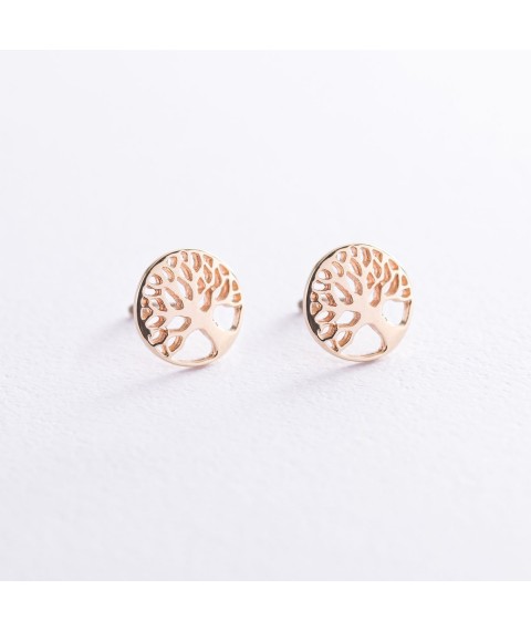 Earrings - studs "Tree of Life" in red gold s06964 Onyx