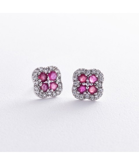 Silver earrings - studs "Clover" (cubic zirconia, rubies) GS-02-135-4410 Onyx