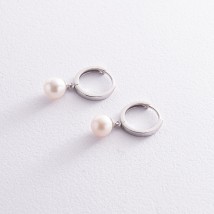 Сережки - кільця з перлами (біле золото) с08358 Онікс