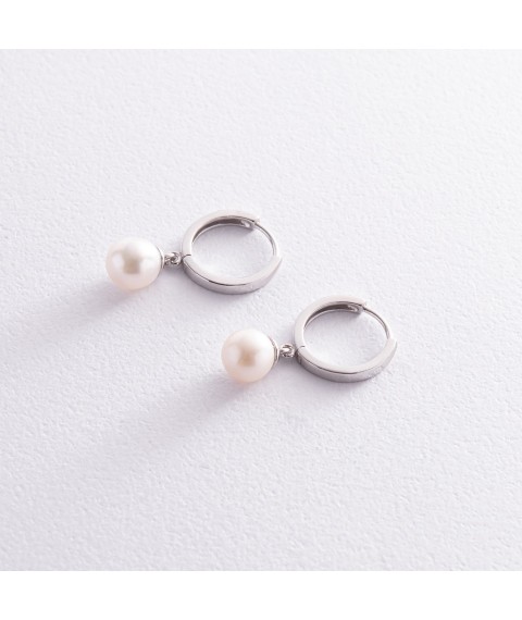 Сережки - кільця з перлами (біле золото) с08358 Онікс