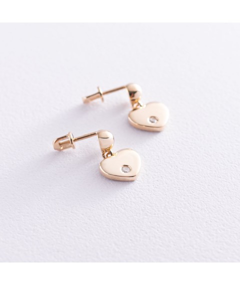 Gold earrings - studs "Hearts" with cubic zirconia s07011 Onyx